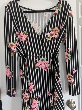 Black & White Striped Wrap Dress with Pink Floral Print